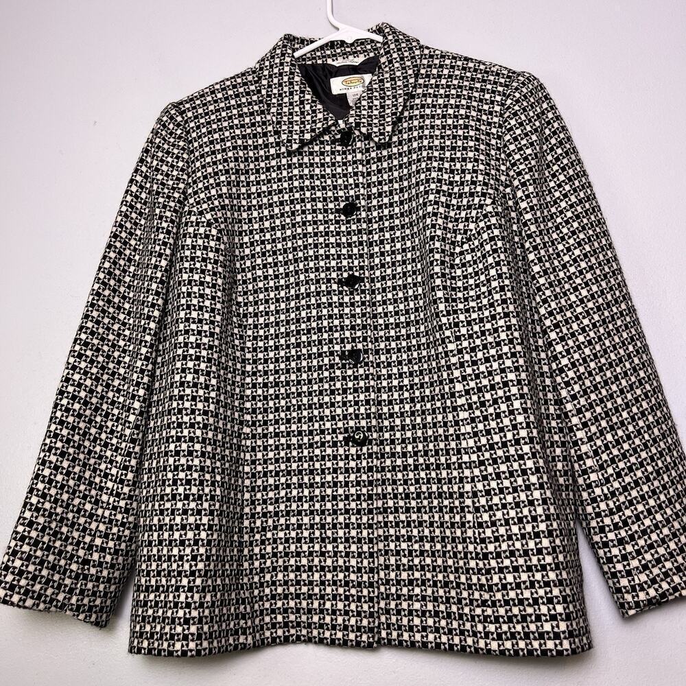 Talbots Petite Sz 12 black white houndstooth blazer 100% Italian Wool Preppy Y2K
